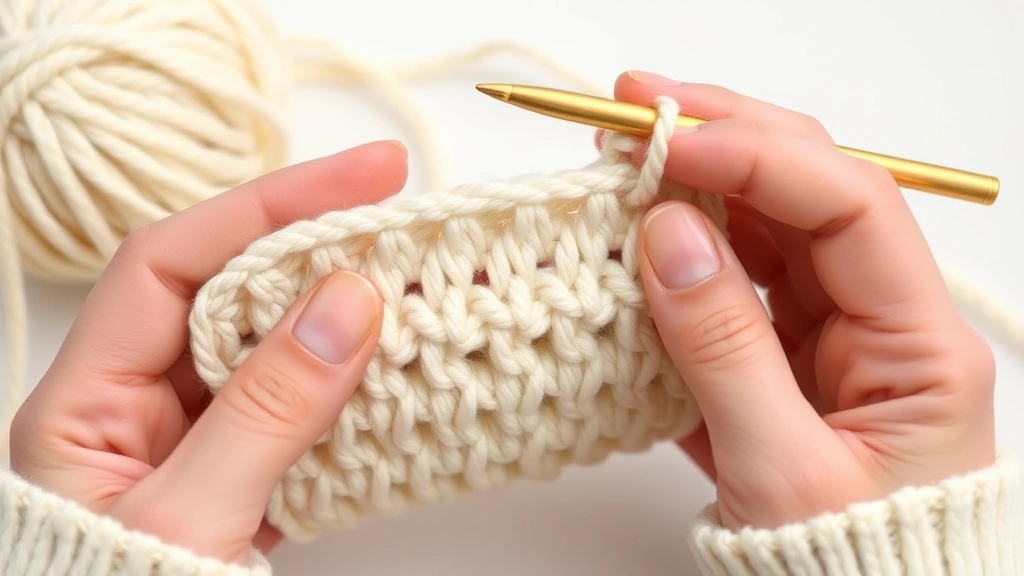 Close-up of consistent single crochet stitches in cream cotton yarn, hands demonstrating proper yarn hold technique, soft lighting highlighting even tension and stitch definition