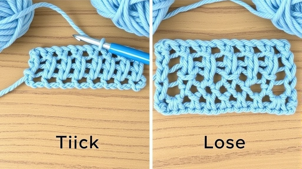 Comparison of tight versus loose crochet stitches in light blue yarn, side by side swatches on wooden table, soft natural lighting, clear stitch definition