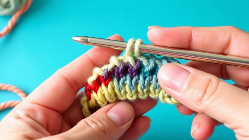 Close-up of hands demonstrating color change technique in single crochet, two contrasting yarn colors, aluminum hook, work held to show proper yarn positioning, bright lighting