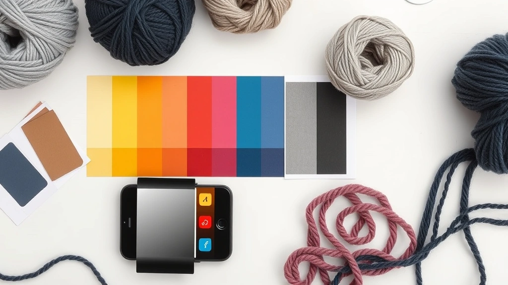 Overhead view of color swatches and yarn samples arranged by value from light to dark, grayscale test photo visible on smartphone, clean crafting desk setup