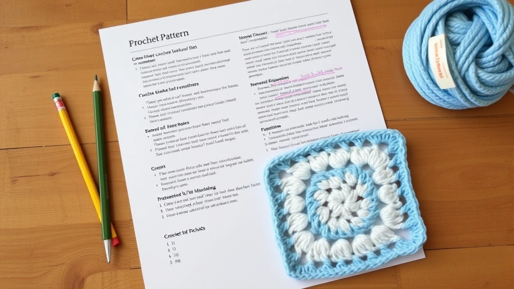 Crochet pattern page with pencil annotations, colorful stitch markers, and partially completed granny square sample in pastel blues and whites on wooden crafting table
