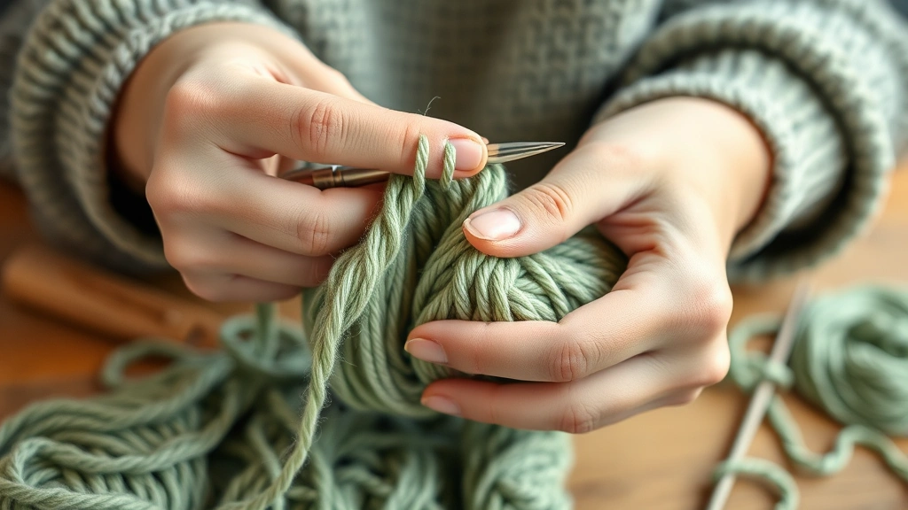 Hands practicing yarn tension control with sage green acrylic yarn wrapped around fingers, ergonomic aluminum hook, cozy crafting setup with good lighting