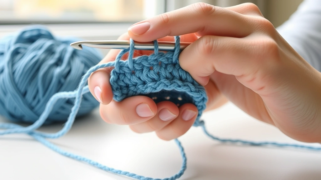 Close-up hands holding crochet hook and yarn demonstrating proper tension grip, worsted weight blue yarn, natural window lighting, clean white surface, fingers positioned for yarn control