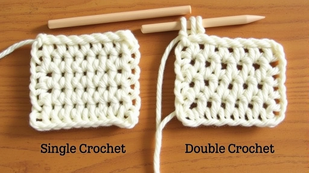 Close-up comparison of single crochet and double crochet swatches side by side, cream colored worsted weight yarn, natural lighting, wooden table surface, clear height difference visible
