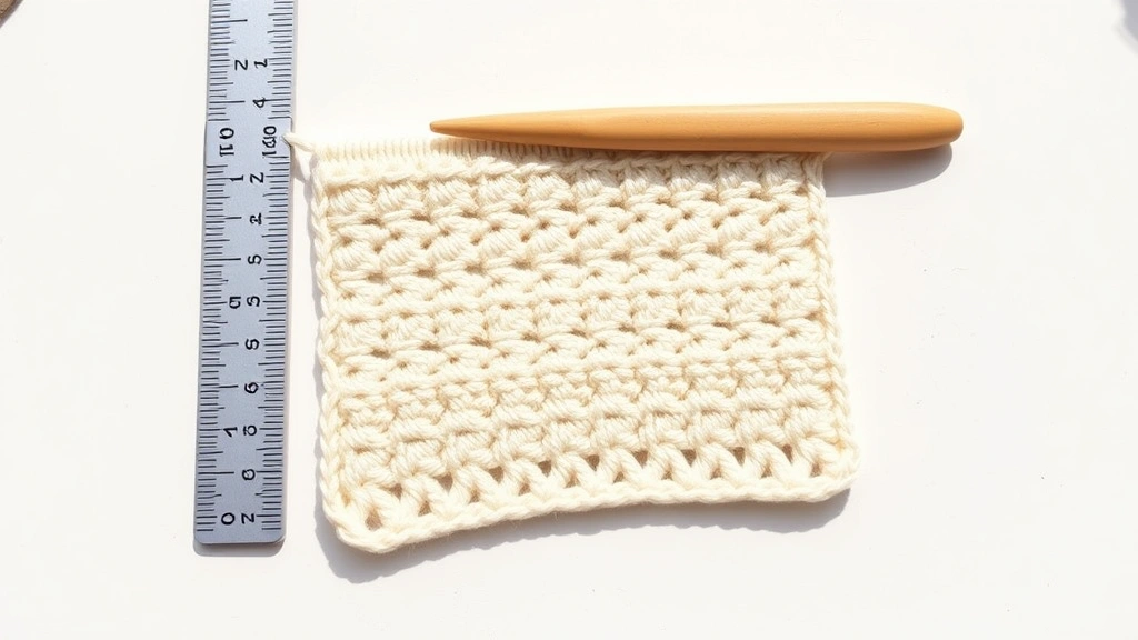 Crochet gauge swatch being measured with ruler, even single crochet stitches in cream colored yarn, measuring tape showing 4 inches, bright natural lighting, crafting table surface