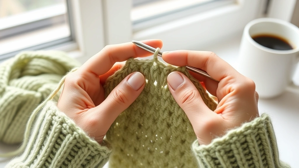 Hands crocheting double crochet stitches with sage green yarn and aluminum hook, mid-stitch showing yarn overs, bright window light, cozy crafting setup with coffee cup nearby