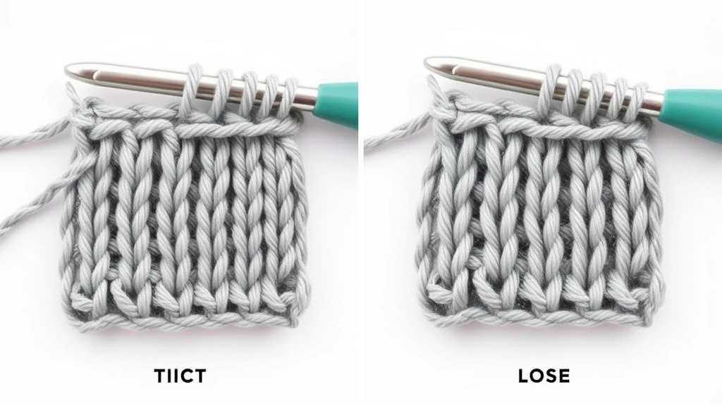 Side by side comparison of tight versus loose crochet tension samples, same gray yarn different tensions, aluminum hooks visible, clean background, professional product photography style