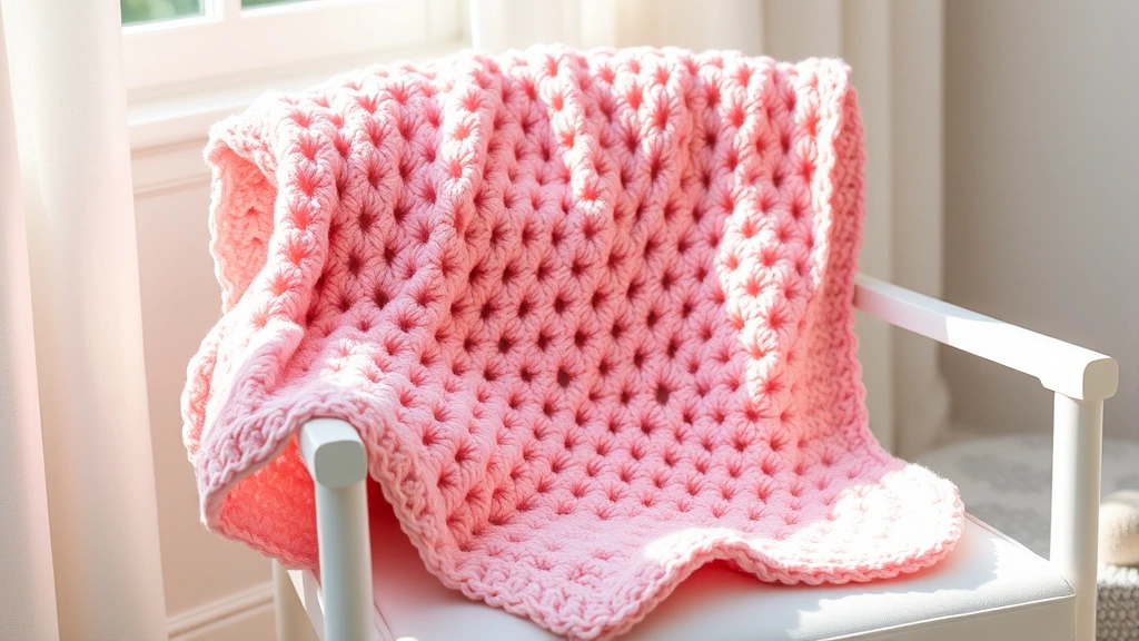 Finished baby blanket in soft pink double crochet draped over white nursery chair, natural morning light, showing fabric drape and texture, peaceful nursery setting