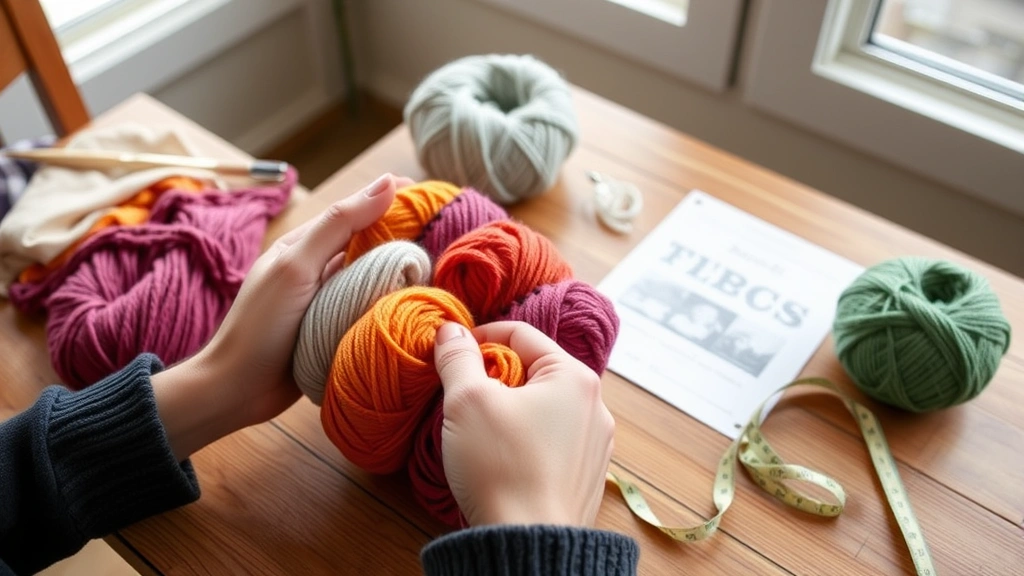 Hands holding multiple yarn skeins in coordinating colors on wooden table, natural window light, measuring tape and pattern visible, cozy crafting setup atmosphere