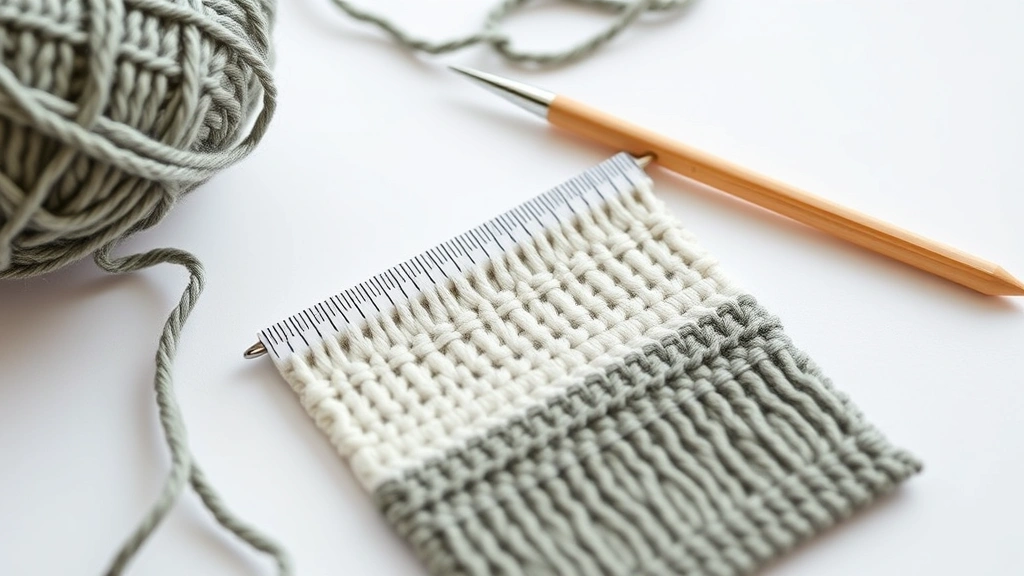 Close-up of completed gauge swatch with ruler showing measurements, hook and yarn beside it, clean white background, soft natural lighting, precise detail visible