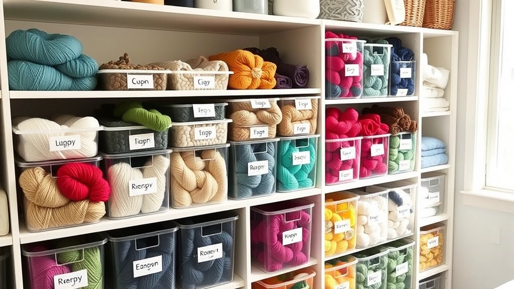 Organized yarn storage bins with labeled skeins sorted by color and weight, bright craft room setting, clean shelving system, natural daylight from window