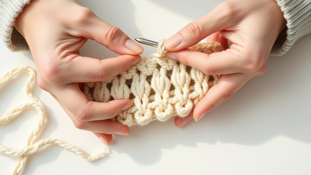 Close-up hands making crochet foundation chain with cream worsted yarn, silver aluminum hook, natural lighting, clean white surface, perfect chain tension visible, cozy crafting setup