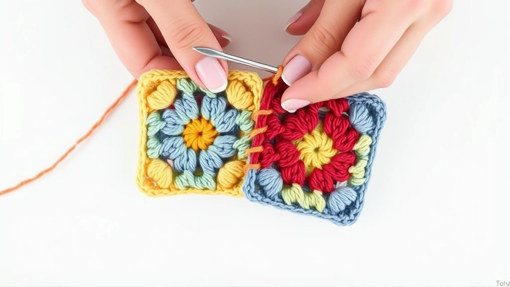 Close-up hands demonstrating whip stitch joining two colorful granny squares, tapestry needle visible, soft natural lighting, clean white background, precise stitching technique shown