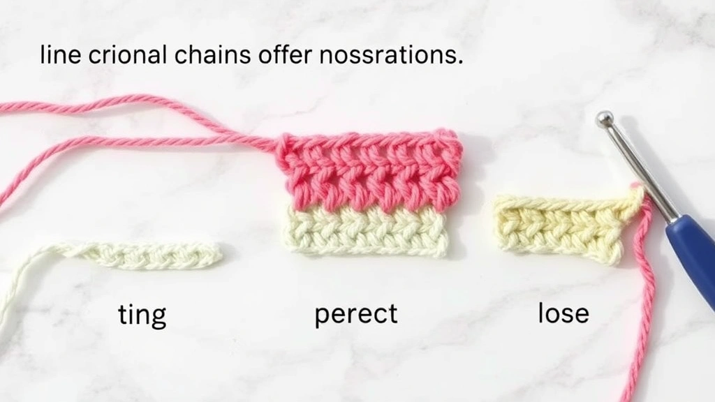 Comparison of three foundation chains showing tight, perfect, and loose tension, different colored yarns on marble surface, crochet hook beside chains, soft natural lighting, educational demonstration