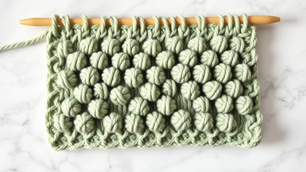 Completed bobble stitch swatch in sage green yarn showing raised texture bumps, flat lay on marble surface, soft natural lighting, detailed stitch definition visible