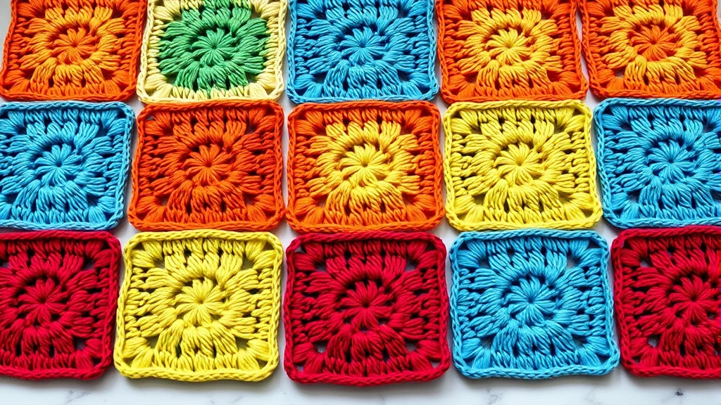 Flat lay of multiple joined granny squares in rainbow colors showing single crochet ridge joins, even spacing, professional finish, bright indirect lighting, marble surface