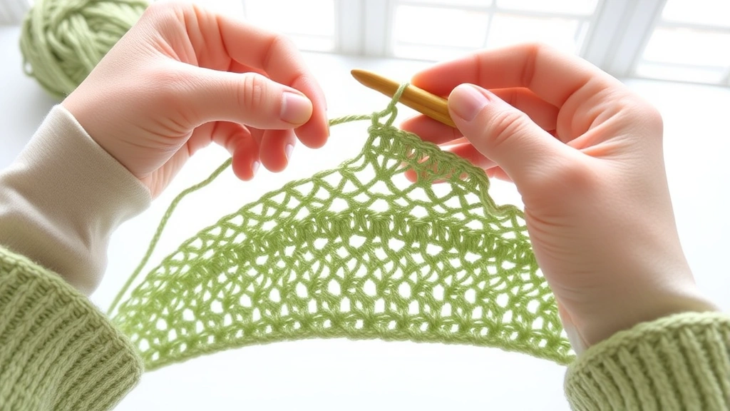 Hands working single crochet into foundation chain, sage green cotton yarn, wooden crochet hook, showing proper hook insertion technique, bright window light, clean workspace background