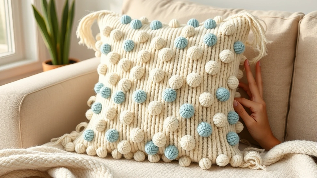 Work in progress throw pillow with scattered bobble stitches, hands positioning yarn, cozy home setting, warm afternoon light, cream and dusty blue color palette