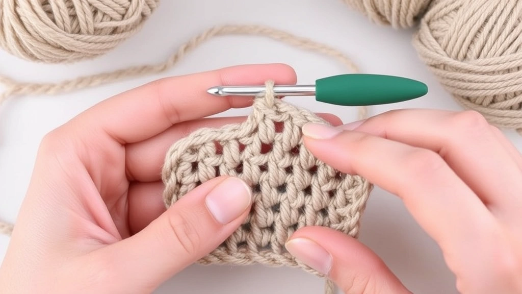 Detail shot of slip stitch join technique in progress, crochet hook connecting two squares, neutral yarn colors, hands positioning squares, clean crafting setup
