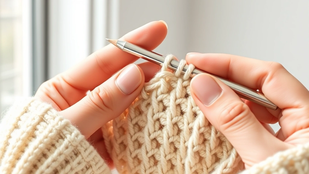 Close-up hands demonstrating pencil grip on aluminum crochet hook with cream worsted yarn, natural window light, clean white background, fingers positioned correctly