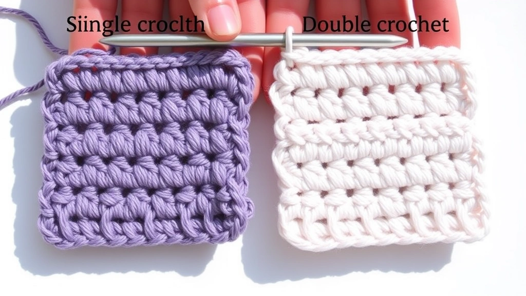 Close-up comparison showing single crochet and double crochet swatches side by side, natural daylight, clean white surface, different stitch heights clearly visible, hands holding samples