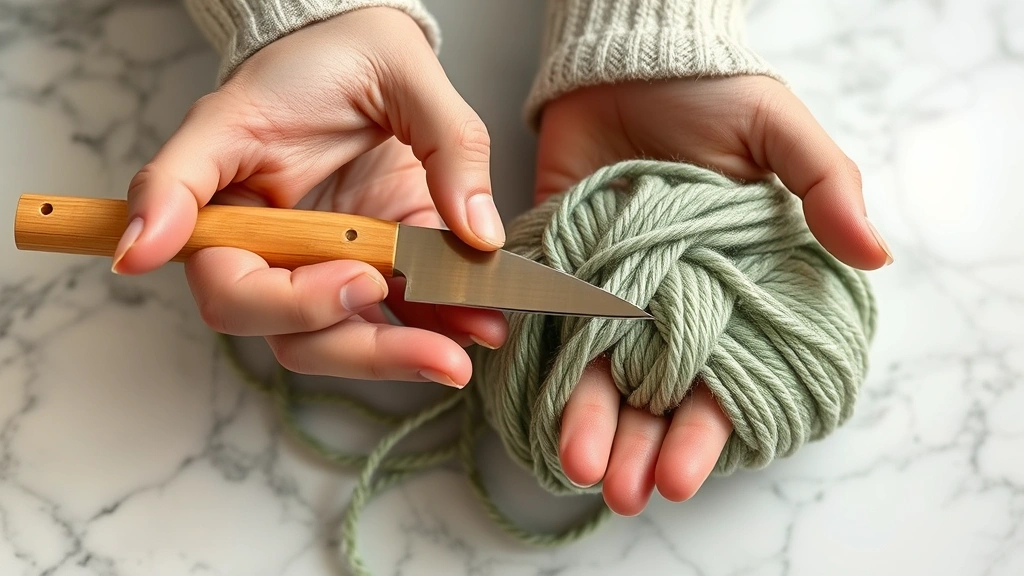 Hands showing knife grip technique with bamboo hook and sage green cotton yarn, soft lighting, marble surface, relaxed wrist position visible