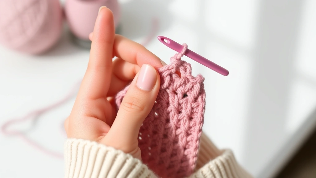 Side view of proper hand positioning while crocheting single crochet stitches, ergonomic setup, natural light, hook held at correct distance from tip