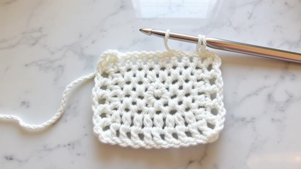 Single crochet dishcloth in cotton yarn being worked, tight even stitches visible, aluminum hook, marble countertop background, natural window lighting, work in progress