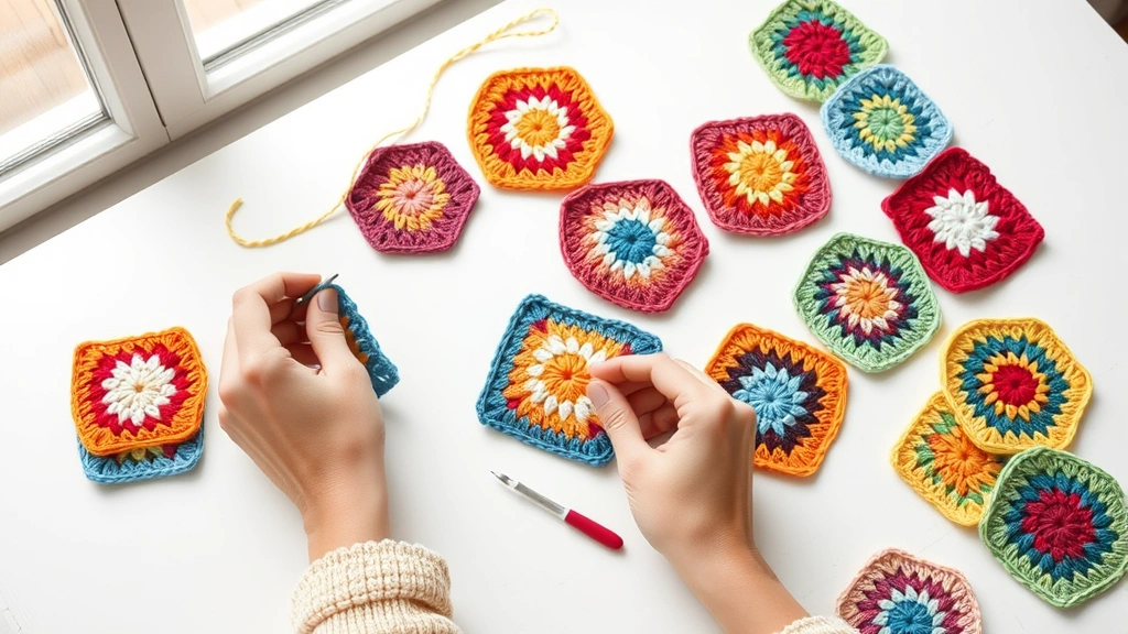 Hands crocheting colorful granny squares on white wooden table, natural window light, various completed squares arranged nearby, size H crochet hook visible, cozy crafting setup
