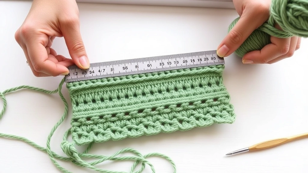 Hands measuring a completed gauge swatch with ruler, worsted weight yarn in sage green, natural window light, clean white workspace, crochet hook nearby