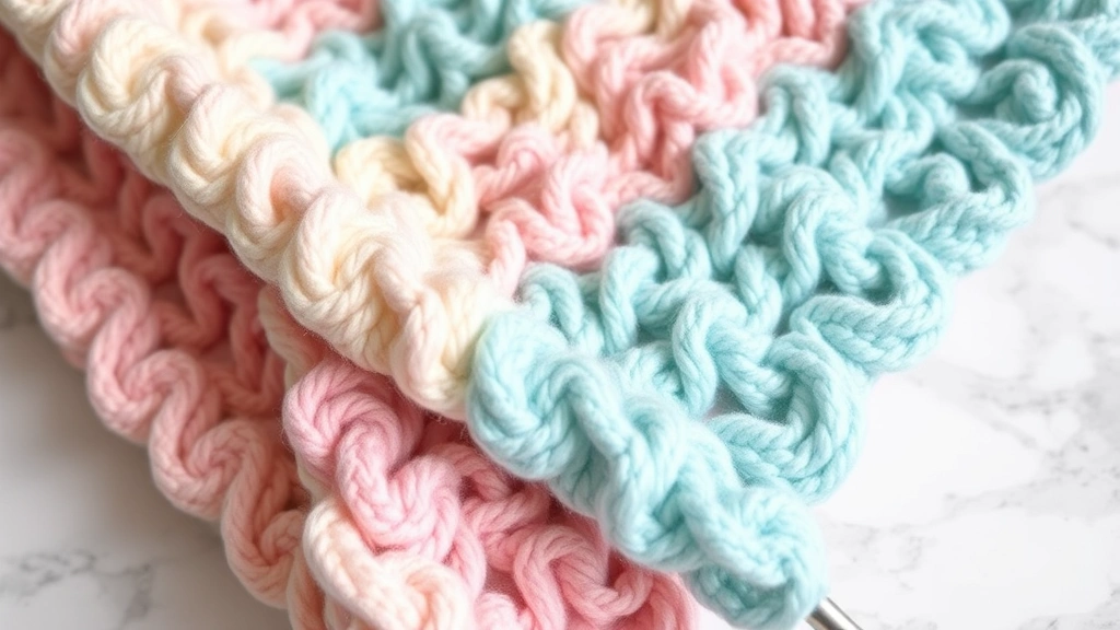 Close-up of ripple chevron blanket in progress, soft pastels, aluminum hook working through stitches, texture detail visible, clean bright lighting, marble surface background