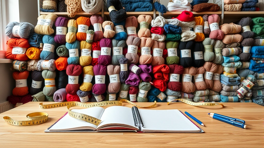 Organized yarn skeins arranged by weight category with labels, measuring tape draped across, bright craft room lighting, clean wooden table surface, planning notebook visible