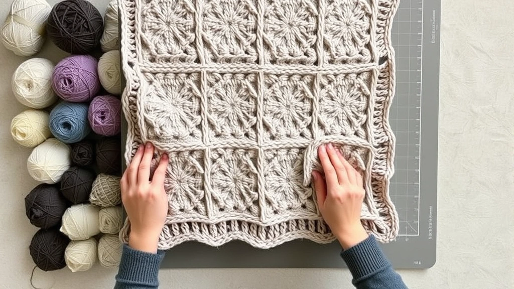Overhead view of corner-to-corner blanket squares being joined, neutral colors, multiple yarn balls organized, blocking mats underneath, hands positioning squares for seaming