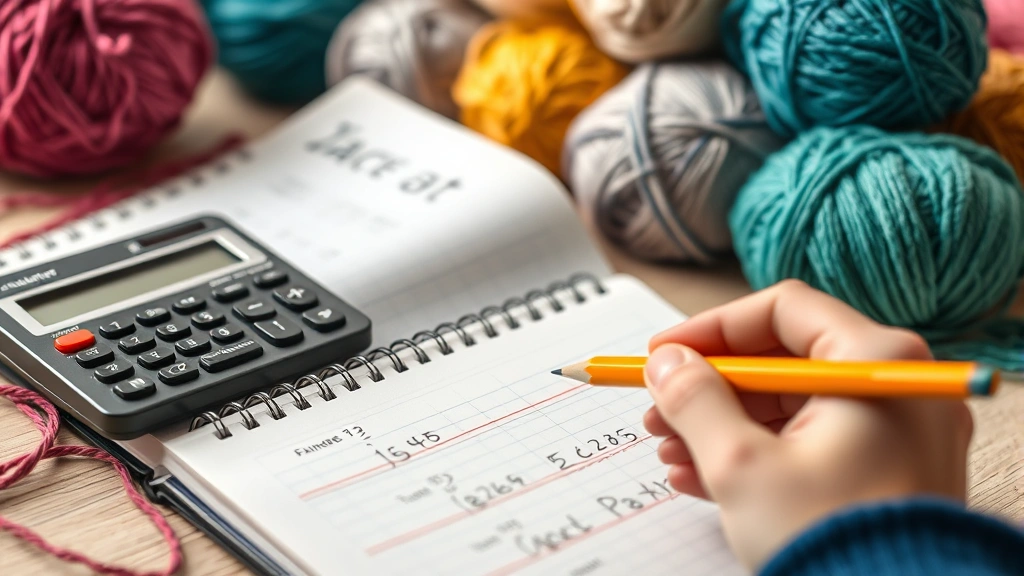 Close-up of calculator and notebook showing yarn calculations, pencil in hand, colorful yarn balls in background, soft natural lighting, organized crafting workspace