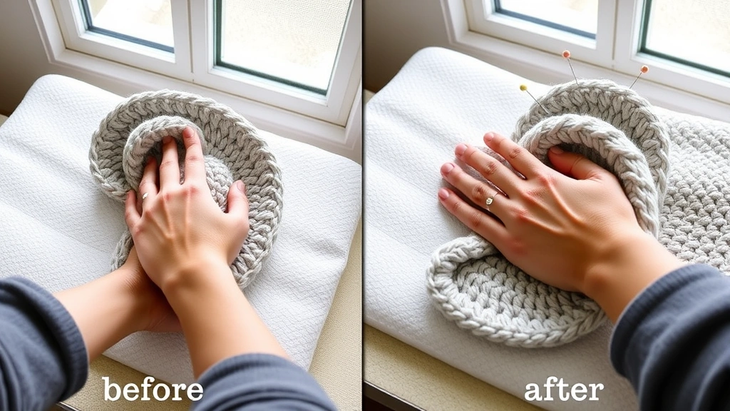 Close-up of hands blocking a curled crochet blanket on foam mats, pins securing edges, natural window light, showing before and after sections