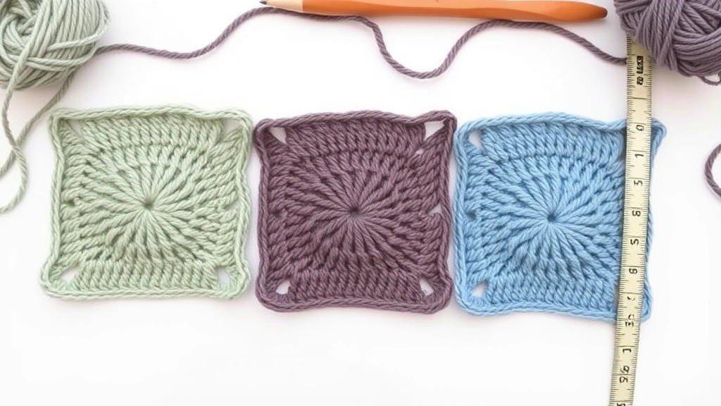 Comparison of three crochet swatches showing different curl patterns, laid flat on white surface, different yarn weights visible, measuring tape nearby