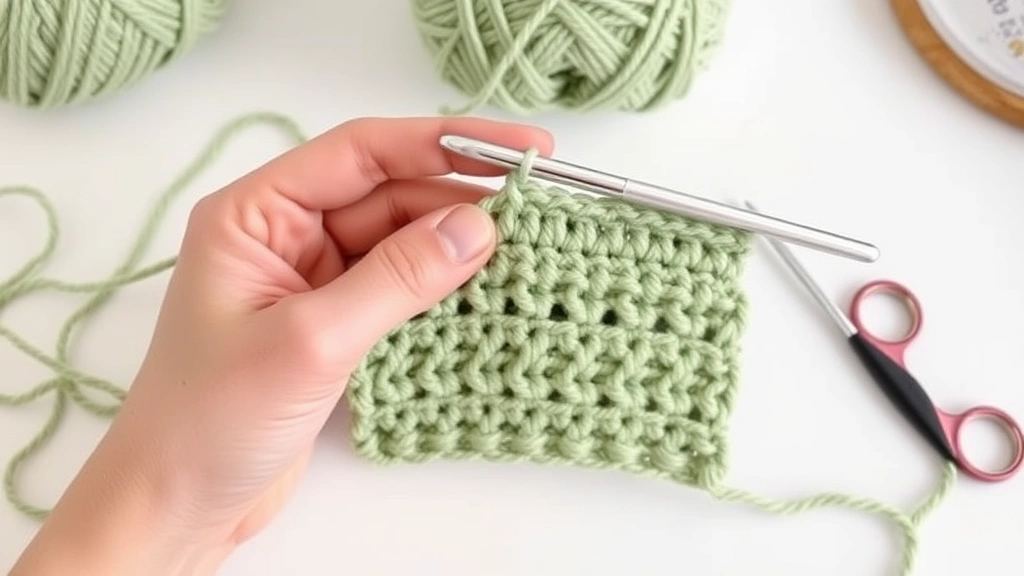Crocheter working single crochet with loose tension, hands visible holding yarn and aluminum hook, sage green cotton yarn, clean workspace background