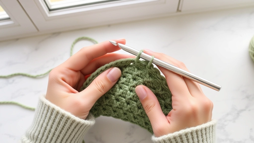 Hands crocheting with sage green DK weight yarn using silver aluminum hook, natural window light, white marble workspace, partially completed textured stitch pattern visible, cozy crafting atmosphere