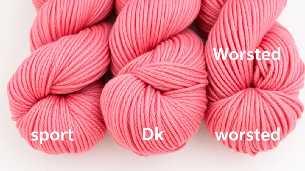 Close-up comparison of three yarn skeins in coral pink showing sport, DK, and worsted weights side by side, soft diffused lighting, cream colored background, clear weight differences visible