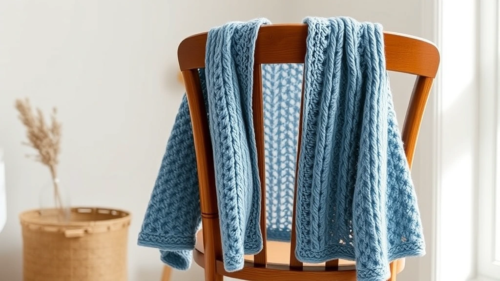 Finished DK weight crochet cardigan in dusty blue draped over wooden chair, natural afternoon light, minimalist bedroom setting, beautiful stitch definition and drape clearly shown, peaceful styling