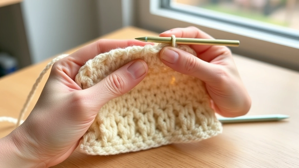 Close-up hands working front post double crochet stitches creating cable texture in cream worsted yarn, natural window light, wooden table surface, hook visible
