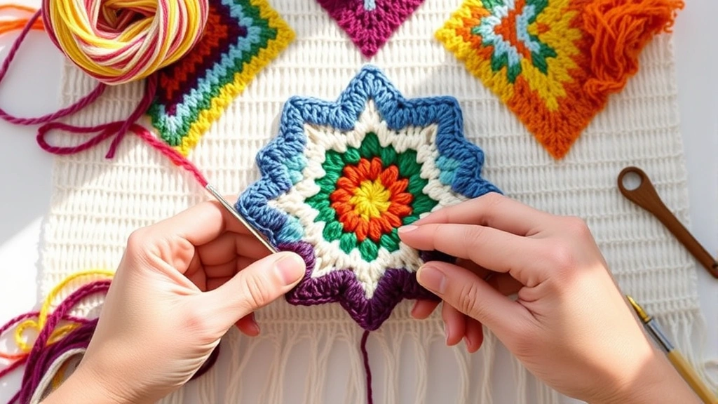 Colorful tapestry crochet work in progress showing geometric pattern, hands holding multiple yarn colors, bright natural lighting, clean white background, detailed stitchwork visible