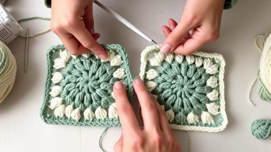 Granny squares being joined with join-as-you-go method, hands connecting two squares in sage and cream colors, soft lighting, craft table setting, precise technique shown