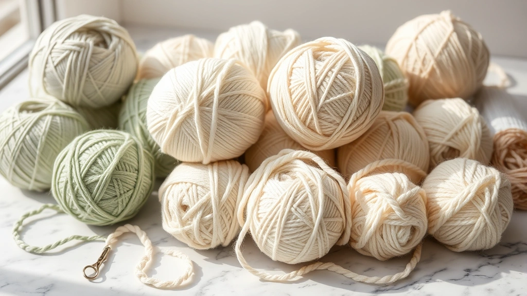 Collection of cotton yarn balls in soft pastels, sage green and cream colors, sitting on marble surface, natural lighting, some partially wound, peaceful crafting atmosphere