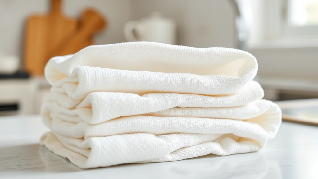 Finished cotton dishcloths in white and natural colors, folded neatly on kitchen counter, soft morning light, clean minimalist styling, texture detail visible