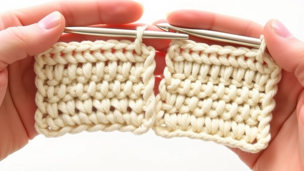 Close-up comparison of single crochet and double crochet swatches in cream yarn, hands holding both samples, natural window light, clean white background showing stitch height differences clearly