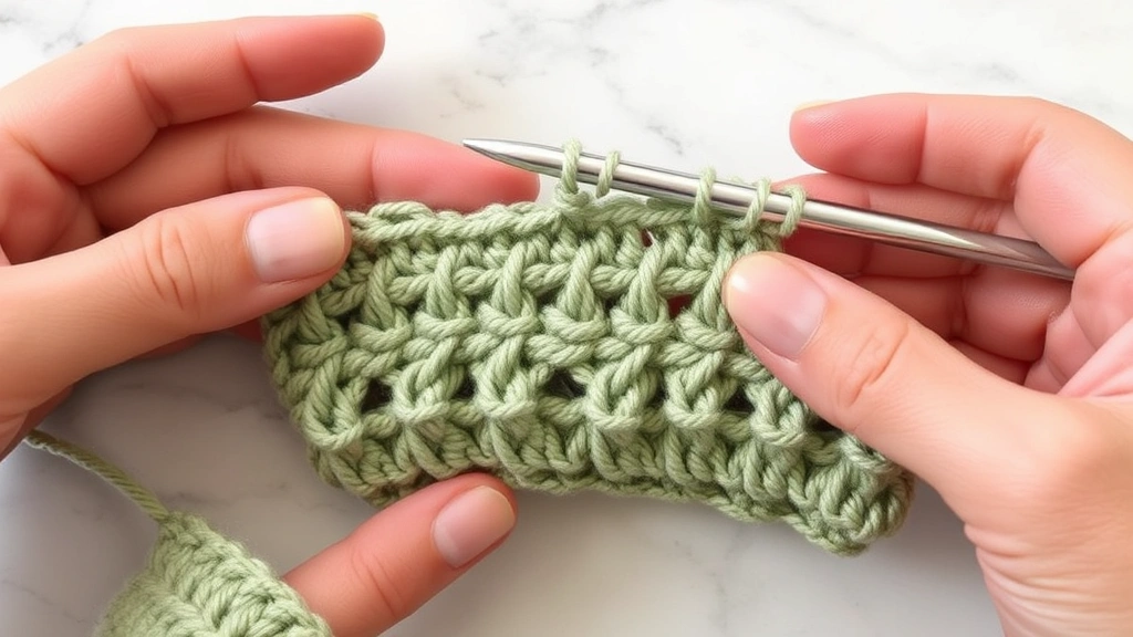 Hands working double crochet stitch with sage green worsted yarn and aluminum hook, mid-stitch showing three loops on hook, soft lighting, marble surface, work in progress visible
