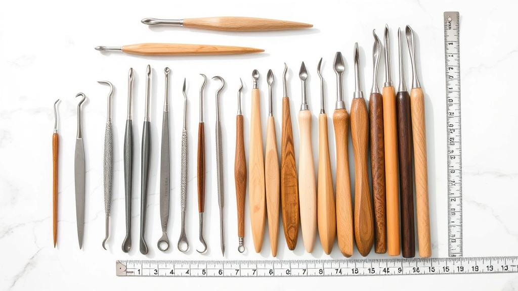 Flat lay of various crochet hooks arranged by size on white marble surface, natural lighting, hooks ranging from small steel to large chunky sizes, measuring tape nearby
