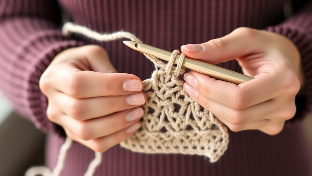 Close-up hands holding worsted weight yarn and size H hook, demonstrating proper grip, soft natural light, partially completed single crochet stitches visible below
