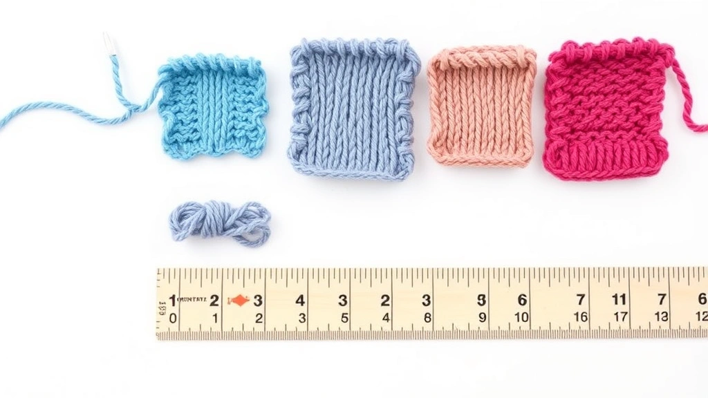 Gauge swatch samples in different hook sizes with same yarn, ruler measuring stitches per inch, clean white background, professional craft photography style
